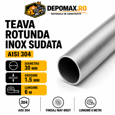 Teava rotunda inox sudata AISI 304, 30 x 1.5 mm, 6 metri